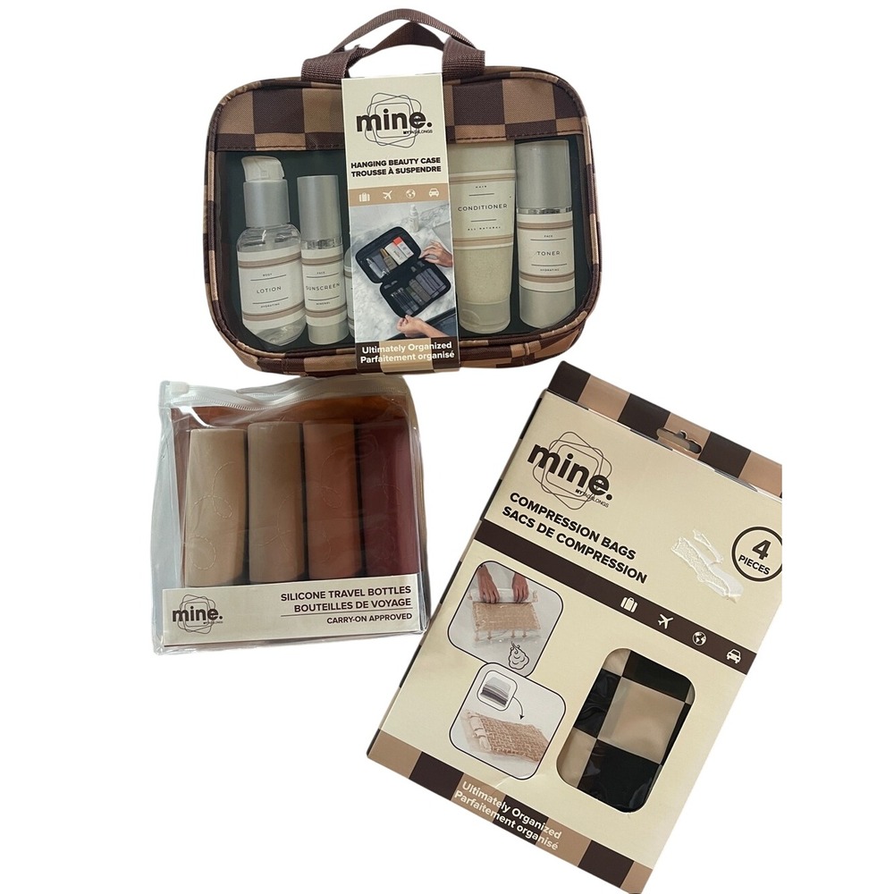 Mine Brown Checkered Travel Compression Bags Bottles Case NWT